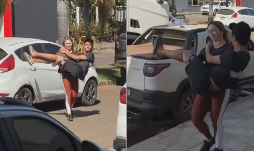 Iporá: mulher carrega o marido no colo após ele quebrar o pé e vídeo viraliza